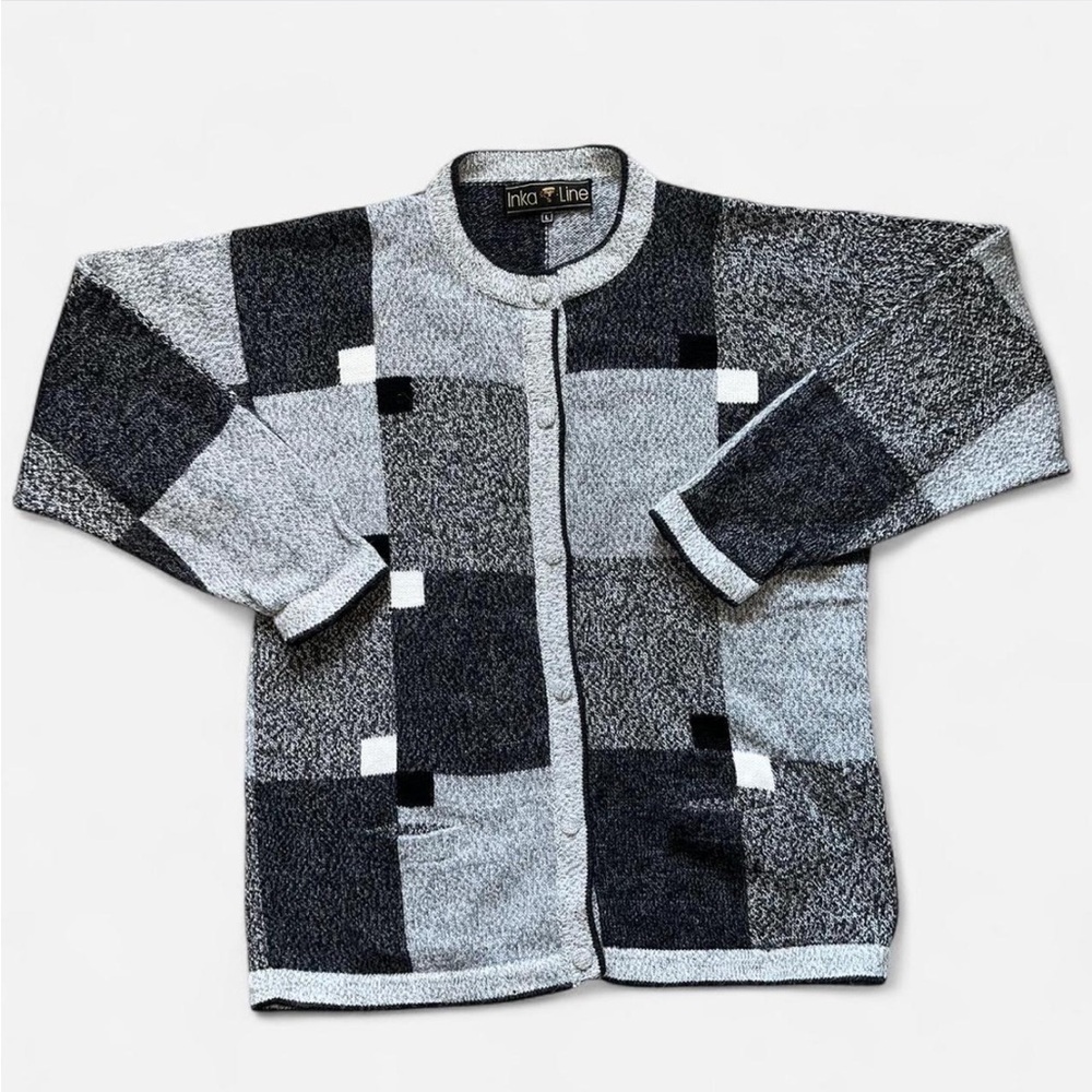 Inca Line Alpaca Wool Made in Peru Geometric Pattern Grey Cardigan size L